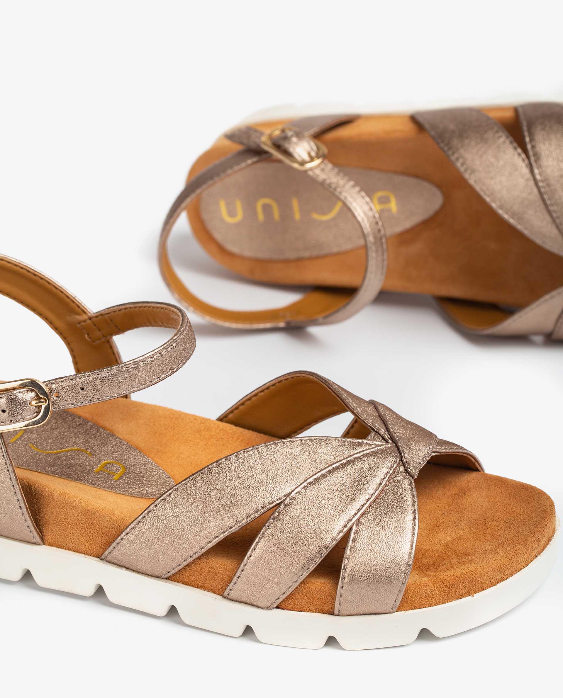 UNISA Flat metal effect leather sandals, sport soles CEDILLO_LMT 2
