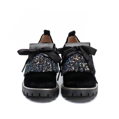 Girls Pamis Velvet black winter laced shoes-5