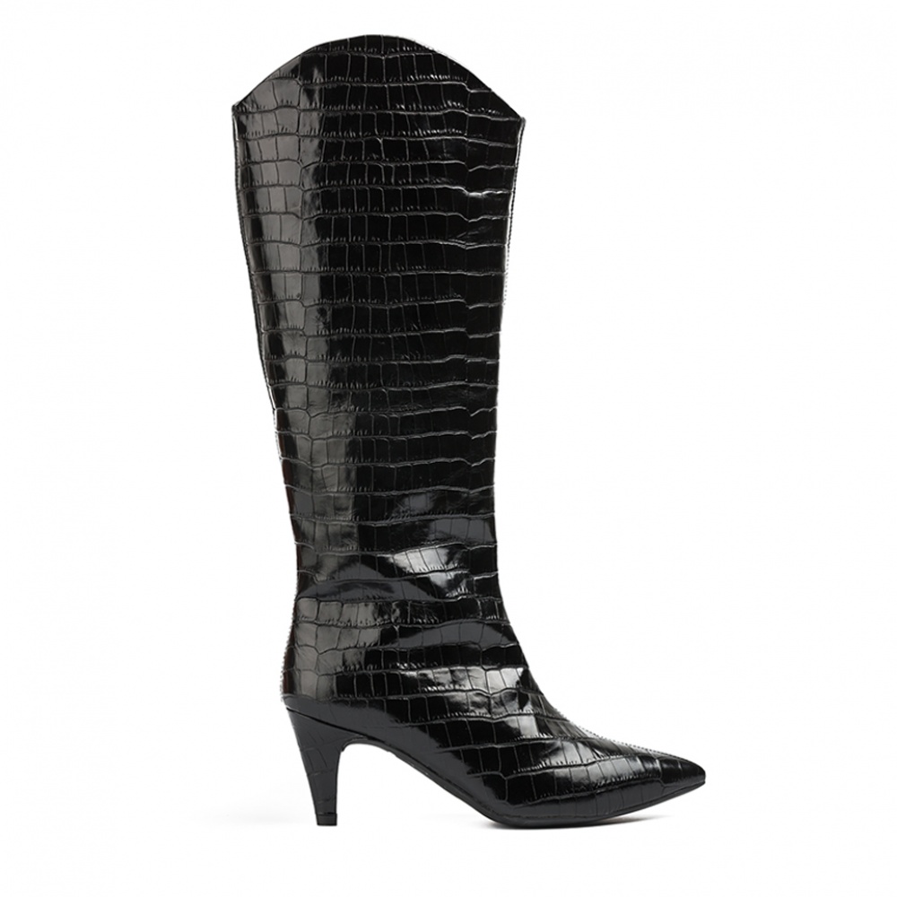 High Leg Boot in Black Croc Print 
