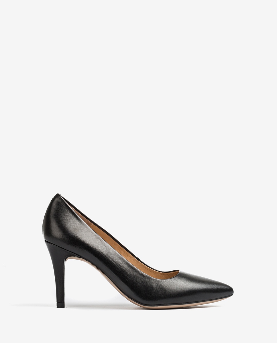 black leather pointed toe heels